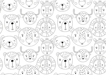 Printable coloring pages for kids seamless pattern. Safari animals lion, tiger, zebra, deer, bear. Vector illustration. Painting for kids.