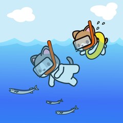 シュノーケリングをする猫達