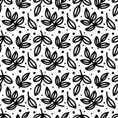 Black tree branches on white background. Abstract contour Plant, Twigs with Leaves. Floral seamless pattern, vector texture for fashion textile print, fabric, wrapping, gift paper, package, invitation