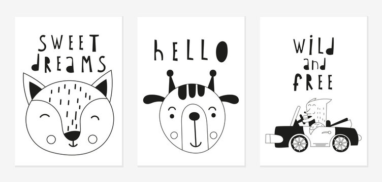 Cute animal posters for baby nursery room. Jungle animals fox, giraffe. Black and white kids prints set. Vector illustration.