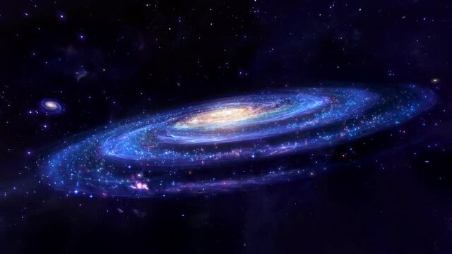 Blue bright galaxy panorama, abstract cosmic space background, artistic 3D galaxy