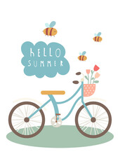 Romantic card posters for nursery wall art. Boys girls room prints. Cute bicycle with flowers and text Hello summer. Vector illustration.