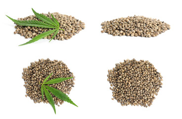 Set with hemp seeds on white background
