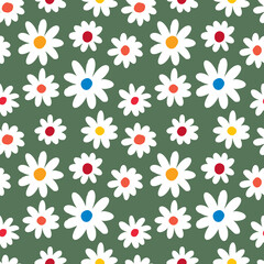 Seamless Pattern of Hand Drawn Flower Art Design on Green Background