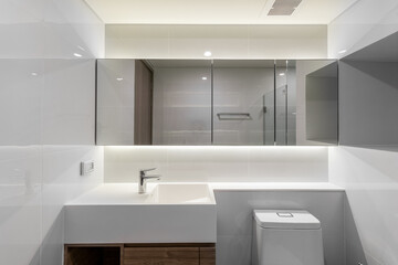 Fototapeta na wymiar White Modern Bathroom with Big mirror in Apartment.