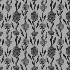 Black and white pattern of Antennaria flowers. Botanical ornament illustration isolated on grey background. Bushes, leaves, stems, petals are painted by hand with a brush. Design for fabrics.