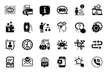 Vector Set of Technology icons related to Chemistry lab, Accounting report and Settings gears icons. Corrupted file, Vip internet and Call center signs. Algorithm, Artificial intelligence. Vector