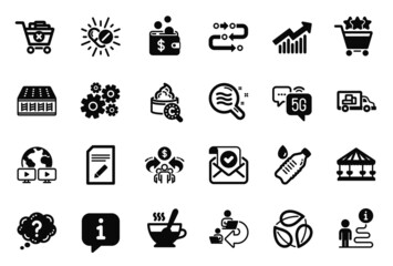 Vector Set of Business icons related to 5g internet, Collagen skin and Shopping rating icons. Tea cup, Medical drugs and Leaves signs. Sharing economy, Confirmed mail and Edit document. Vector