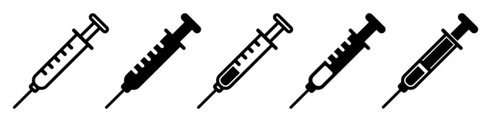 Set of medical syringe icons. Syringe or vaccine for injection. Medicine, syringe signs, isolated on white background. Logotype collection of syringes with medicine. Vector illustration.