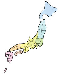 デフォルメのゆるい日本地図　線画　県名なし　エリア別