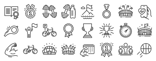 Set of Sports icons, such as Fitness calendar, Bicycle, Leadership icons. Winner, Bicycle parking, Mountain flag signs. Dumbbell, Arena stadium, Sports arena. Cardio training, Diploma. Vector