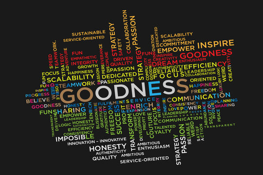 GOODNESS word cloud collage isolated black background, business concept background