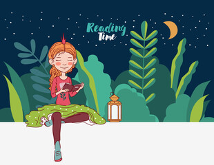 Cute little girl with crown reading a book. Beautiful princess