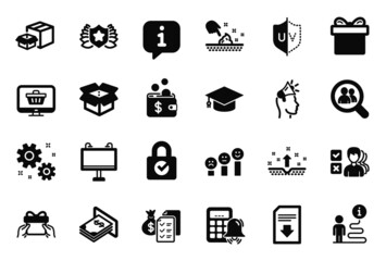 Vector Set of simple icons related to Customer satisfaction, Uv protection and Laureate icons. Download file, Packing boxes and Web shop signs. Accounting wealth, Work and Calculator alarm. Vector