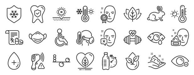 Set of Healthcare icons, such as Face declined, Weather thermometer, Dental insurance icons. Dumbbell, Organic tested, Balance signs. Thermometer, Conjunctivitis eye, Myopia. Clean skin. Vector