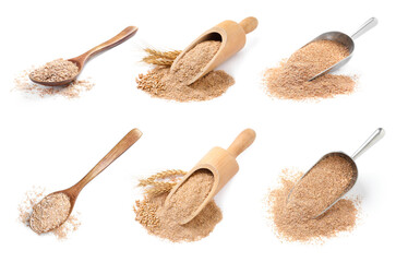 Set with wheat bran on white background