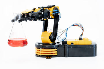 Laboratory robot with flask in robotics science laboratory