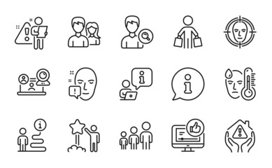 People icons set. Included icon as Buyer, Video conference, Search people signs. Like video, Star, Face detect symbols. Fever, Business hierarchy, Couple. House protection, Search employee. Vector