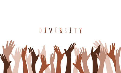 Rising of hands in colors. Vector illustration concept of diversity of people, difference color skins. 