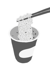 Open instant noodles cup with chopsticks. Bold illustration of fast food noodles. 