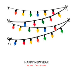 Hanging decorative Christmas lights. Happy new year greeting card