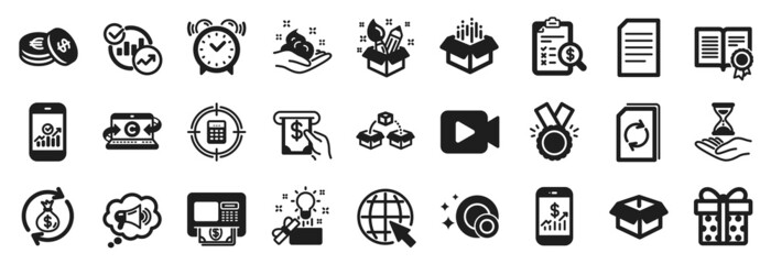 Set of simple icons, such as Alarm clock, Statistics, Mobile finance icons. Open box, Gift box, Copywriting notebook signs. Document, Money exchange, Calculator target. Creativity, Atm. Vector
