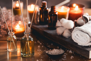 Massage oil and zen stones. Shallow DOF