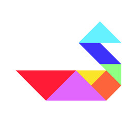 Color tangram puzzle in bird (duck, goose, swan) shape on white background