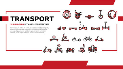 Personal Transport Landing Web Page Header Banner Template Vector. Scooter And Bicycle, Motorbike And Bike, Electric Monowheel And Hoverboard Transport Illustration © vectorwin