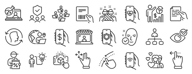 Set of People icons, such as Check eye, Internet app, Couple icons. Delivery discount, Seo statistics, Health skin signs. Face id, Hold document, Security agency. Move gesture, Swipe up. Vector