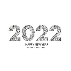 2022 black and white text with black paw doodle paw prints. Happy New year and merry Christmas greeting card