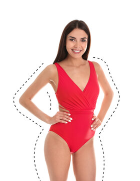 recommend clip art: Young slim woman in swimsuit after weight loss on white background. Healthy diet