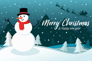 Snowman with Santa driving his sleigh in forest. Happy New Year and Merry Christmas concerpt.