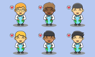 Cute little male doctor love earth. Adorable kids doctor set. Smiling little Boy dressed as doctors vector illustrations.