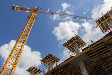 Formwork for monolithic construction. Building construction on monolithic technology. Construction of monolithic walls at a construction site.