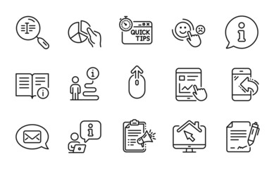 Technology icons set. Included icon as Search text, Messenger, Work home signs. Swipe up, Pie chart, Customer satisfaction symbols. Incoming call, Internet report, Technical info. Vector