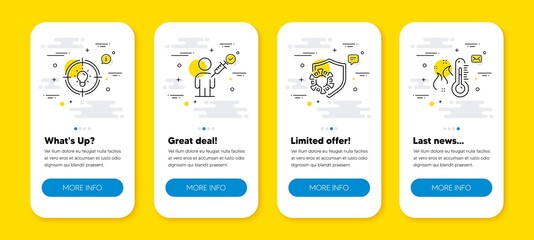 Vector set of Coronavirus, People vaccination and Idea line icons set. UI phone app screens with line icons. High thermometer icon. Covid protection, Vaccine jabbed, Solution. Vector