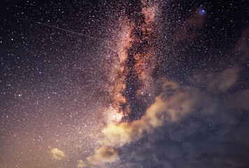 Beautiful bright milky way galaxy on the dark sttary sky. Space, astronomical background 