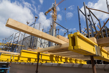 Formwork for monolithic construction. Building construction on monolithic technology. Construction of monolithic walls at a construction site.