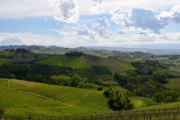Scenic view of the Langhe vineyard hills, Unesco World Heritage Site, in a cloudy spring day, Cuneo province, Piedmont, Italy