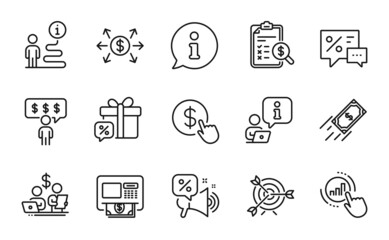 Finance icons set. Included icon as Accounting report, Discounts, Atm signs. Discounts offer, Dollar exchange, Sale gift symbols. Budget accounting, Target, Buy currency. Graph chart. Vector