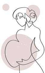 Line silhouette of a pregnant faceless woman symbolic pose. Abstract angular cubistic distorted style. Exaggerated huge belly. Drawn by hand with contour and pink circles. Natural and simple concept.