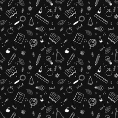 Seamless linear pattern with school subjects.  . The illustration is drawn with live lines by hand in the doodle style. Design for clothing fabric and other items.