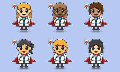 Vector illustrations of cute little Female doctor hero. Adorable kids doctor set. Smiling little Girl dressed as doctors.