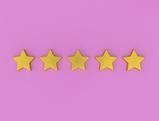 Five gold stars on a pink background. Five star rating. The status of the institution, hotel. Rating and evaluation concept