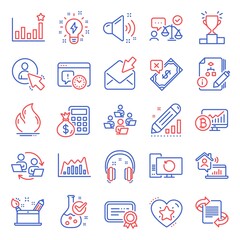 Education icons set. Included icon as Headphones, Work home, Infographic graph signs. Certificate, Ranking star, Teamwork process symbols. Finance calculator, Winner podium, Marketing. Vector