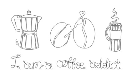 I am a coffee addict in continuous one line style with mug, coffee cup for poster wall, contour line art design for t-shirt fashion print, logo, emblem, template. Single line draw vector illustration