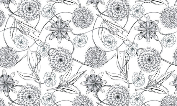 Patr&oacute;n vectorizado de flores sobre fondo blanco, crisantemos, rosas, ramas