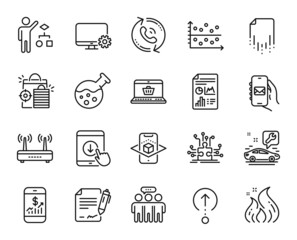 Vector set of Seo shopping, Car service and Report document line icons set. Mail app, Mobile finance and Puzzle options icons. Call center, Scroll down and Swipe up signs. Vector
