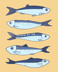 Vector set of blue sardines. hand-drawn sketch-style collection of small SARDINE fish, blue-gray color with a blue outline, side view, isolated sea food on a yellow background for a design template